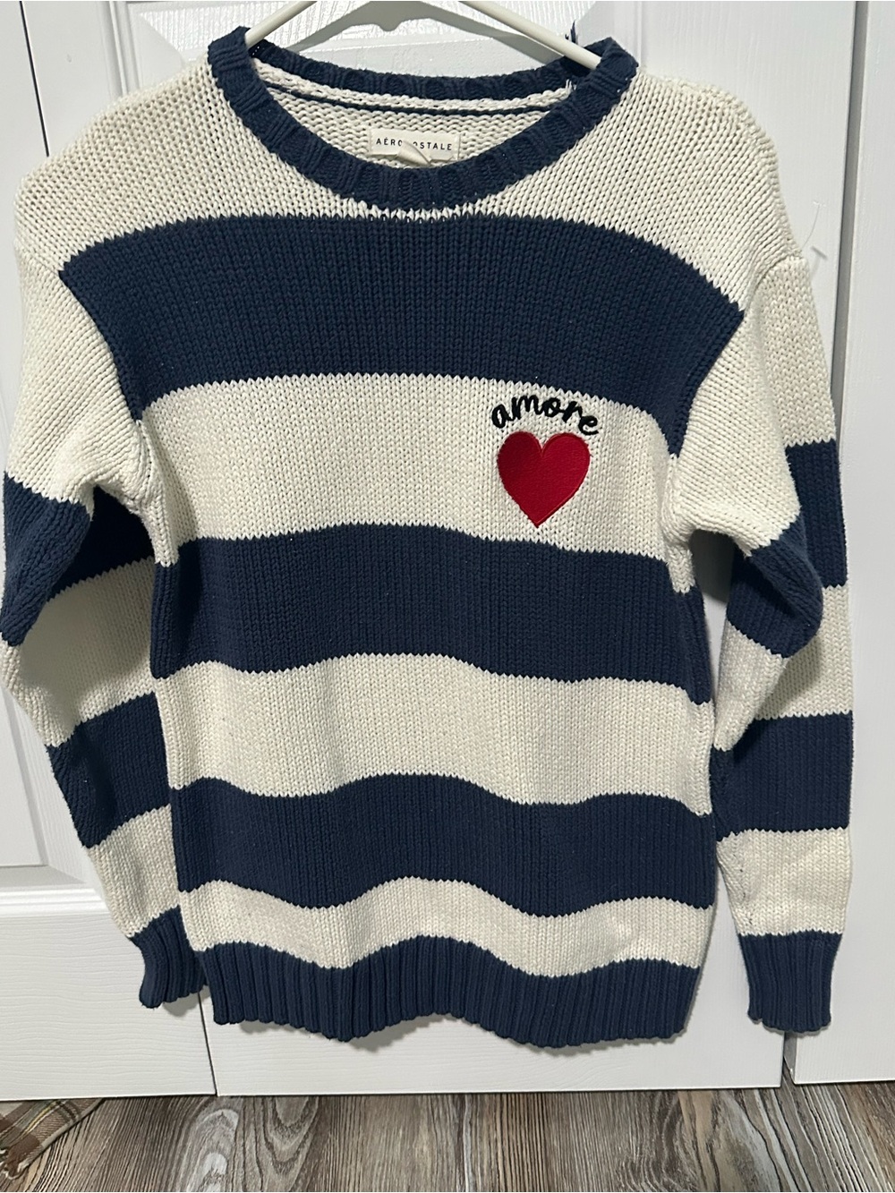 Aeropostale Navy & White Striped Crewneck Sweater with Red Heart